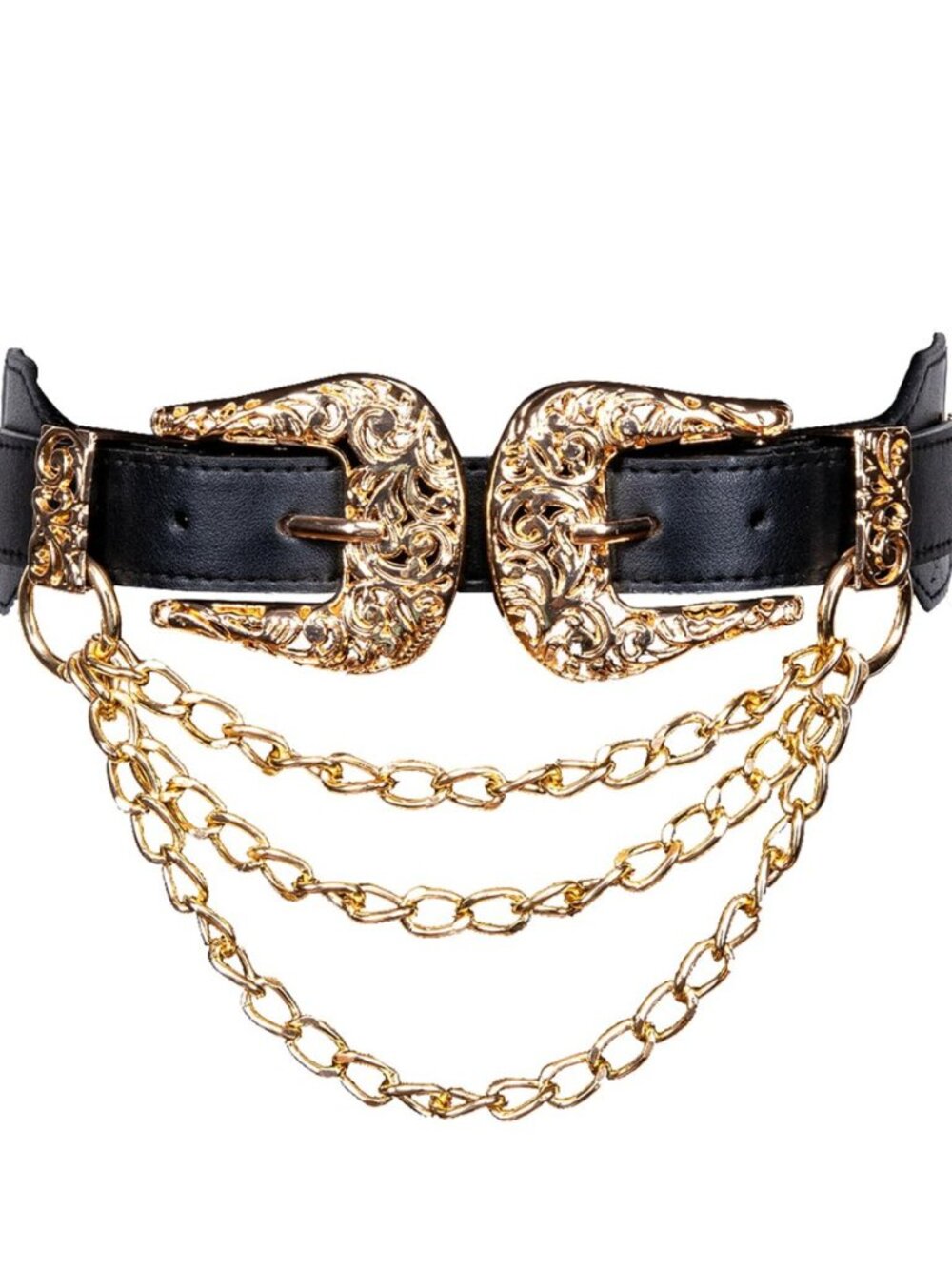 Womens Double Western Belt Vintage Leather Black Gold Buckle